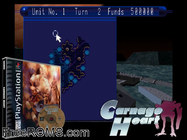 Carnage Heart [Disc1of2] PSX game showing 3D box cover and gameplay screenshot